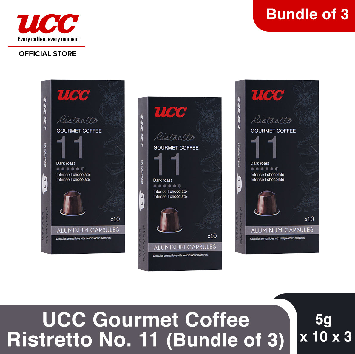 UCC Gourmet Coffee Capsule Ristretto No. 11 Bundle of 3 Compatible with Nespresso