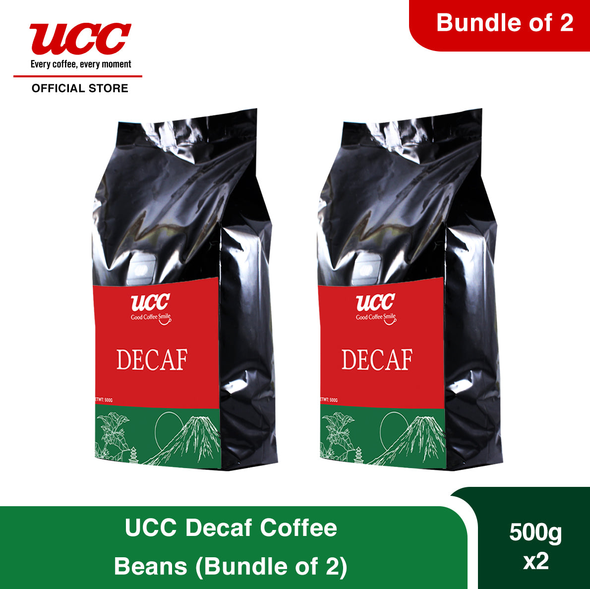 UCC Decaf Roasted Whole Coffee Beans (Bundle of 2) 500g x 2