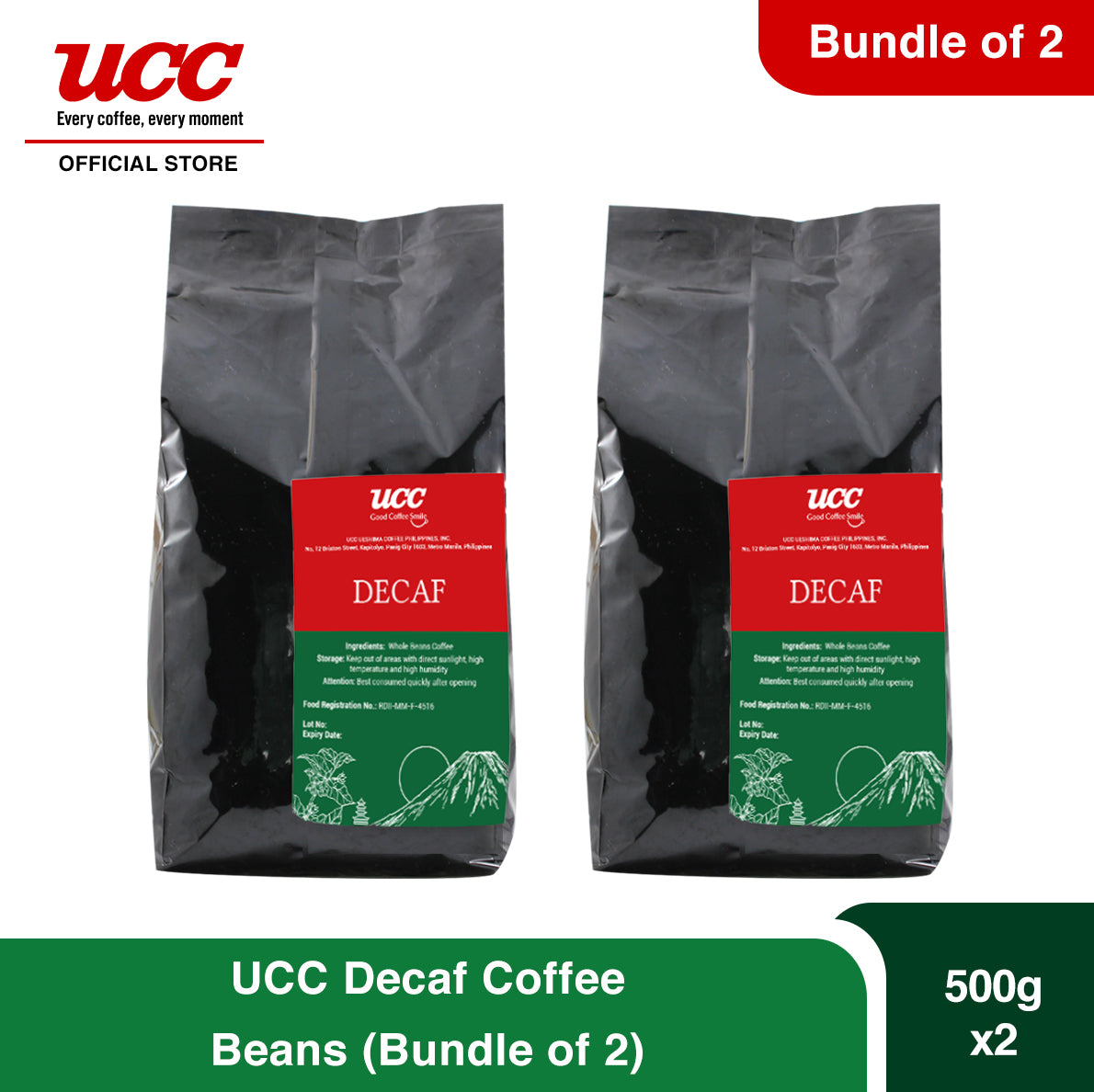 UCC Decaf Roasted Whole Coffee Beans (Bundle of 2) 500g x 2