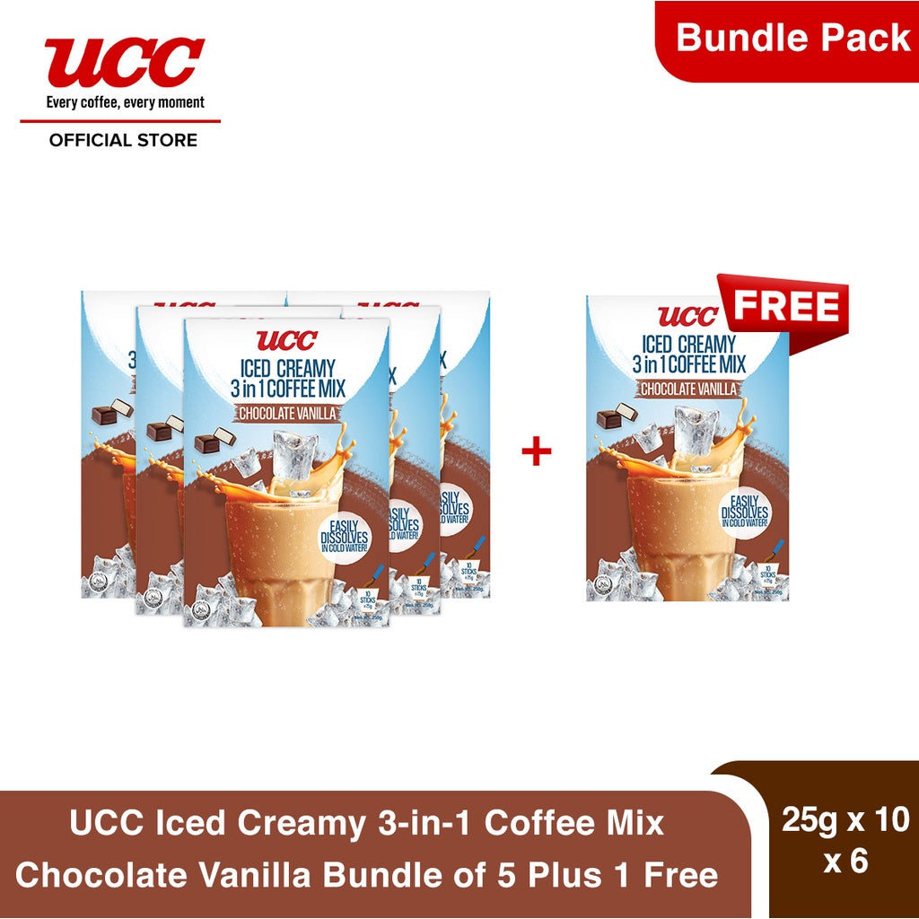 UCC Iced Creamy Chocolate Vanilla 3-in-1 Coffee Mix 25g x 10 (Bundle of 5) Plus 1 FREE