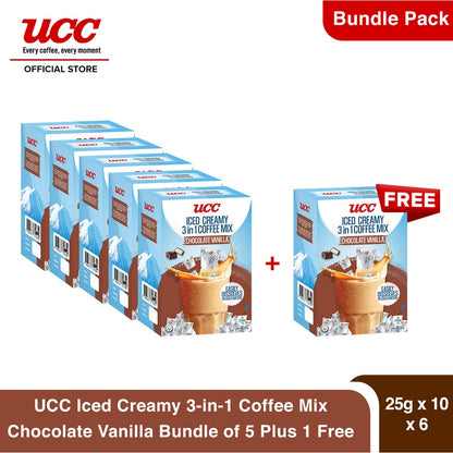 UCC Iced Creamy Chocolate Vanilla 3-in-1 Coffee Mix 25g x 10 (Bundle of 5) Plus 1 FREE