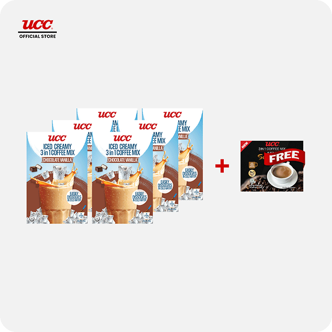 UCC Iced Creamy Chocolate Vanilla 3-in-1 Coffee Mix (Bundle of 6) with Free UCC 3-in-1 Sumiyaki Box