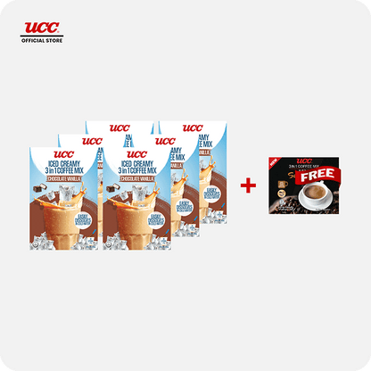 UCC Iced Creamy Chocolate Vanilla 3-in-1 Coffee Mix (Bundle of 6) with Free UCC 3-in-1 Sumiyaki Box