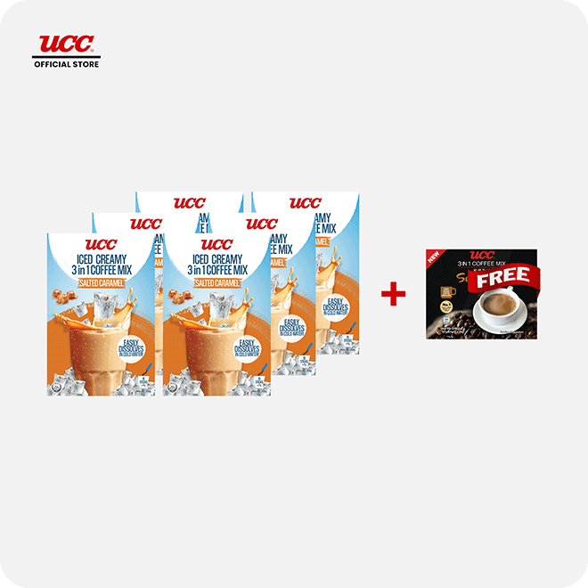 UCC Iced Creamy Salted Caramel 3-in-1 Coffee Mix (Bundle of 6) with Free UCC 3-in-1 Sumiyaki Box