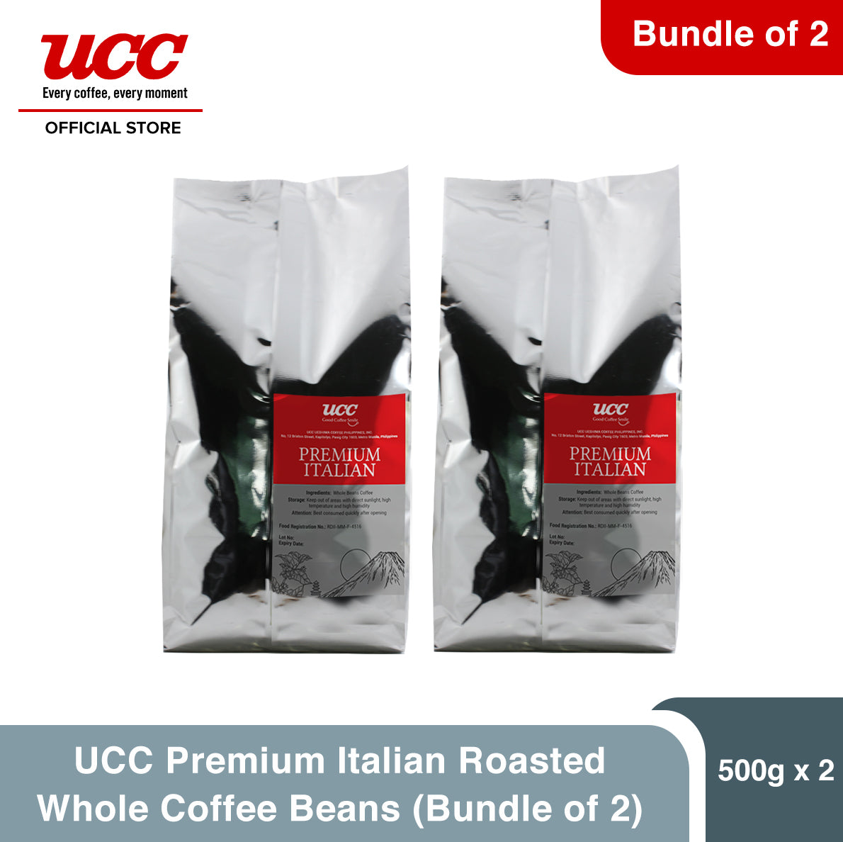 UCC Premium Italian Roasted Whole Coffee Beans 500g (Bundle of 2)