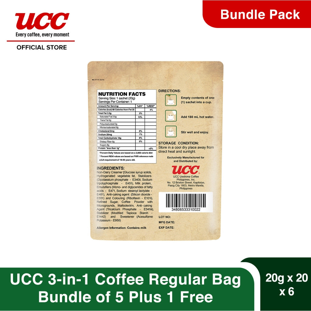 UCC 3-in-1 Coffee Regular Bag 20g x 20 (Bundle of 5) Plus 1 FREE