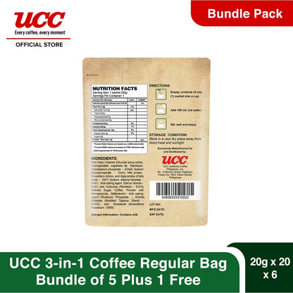 UCC 3-in-1 Coffee Regular Bag 20g x 20 (Bundle of 5) Plus 1 FREE