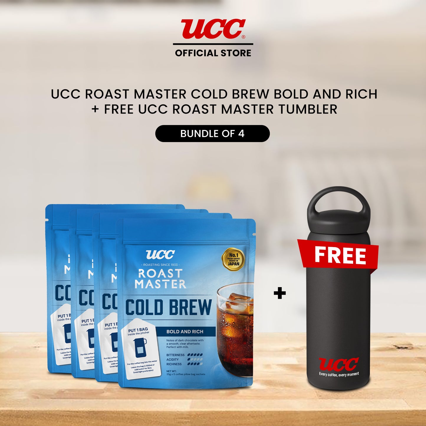 UCC Roast Master Cold Brew Bold and Rich 35g (Bundle of 4) with Free Roast Master Tumbler