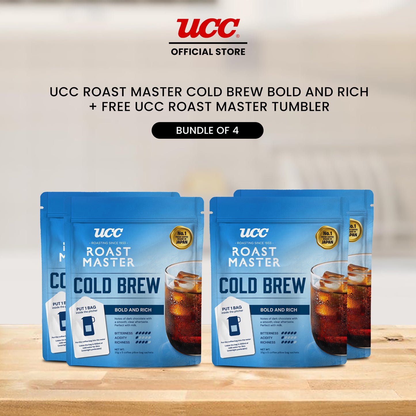 UCC Roast Master Cold Brew Bold and Rich 35g (Bundle of 4) with Free Roast Master Tumbler
