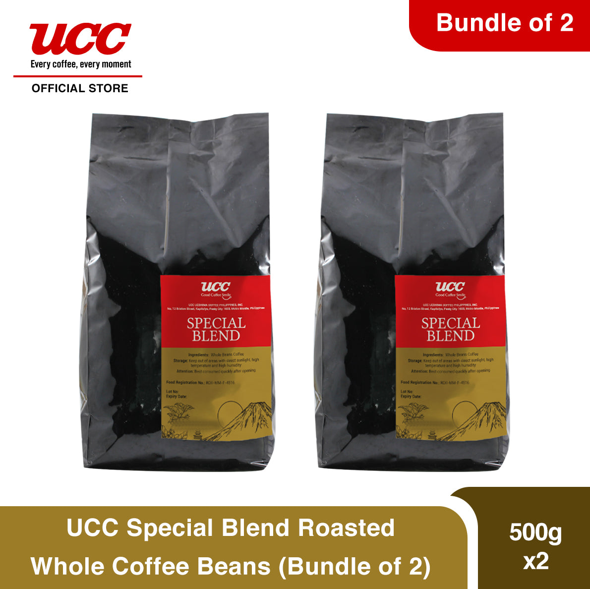 UCC Special Blend Roasted Whole Coffee Beans 500g (Bundle of 2)