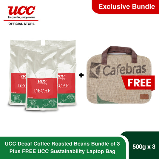 UCC Decaf Roasted Beans 500g Bundle of 3 Plus FREE UCC Sustainability Laptop Bag