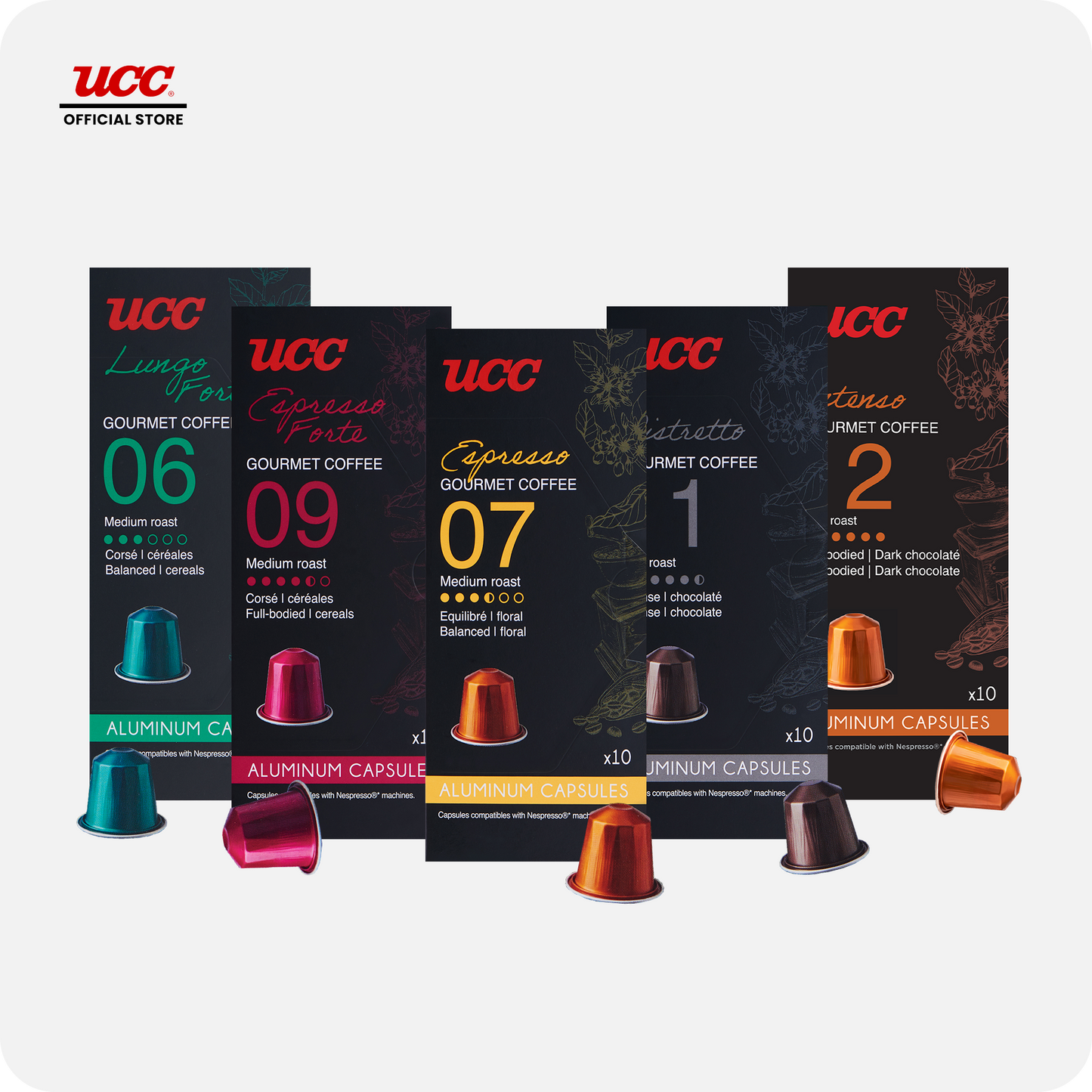 UCC Gourmet Coffee Capsule Complete Collection Compatible with Nespresso (Bundle of 5) with Cino Pinta Machine