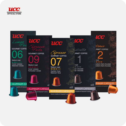 UCC Gourmet Coffee Capsule Complete Collection Compatible with Nespresso (Bundle of 5) with Cino Pinta Machine