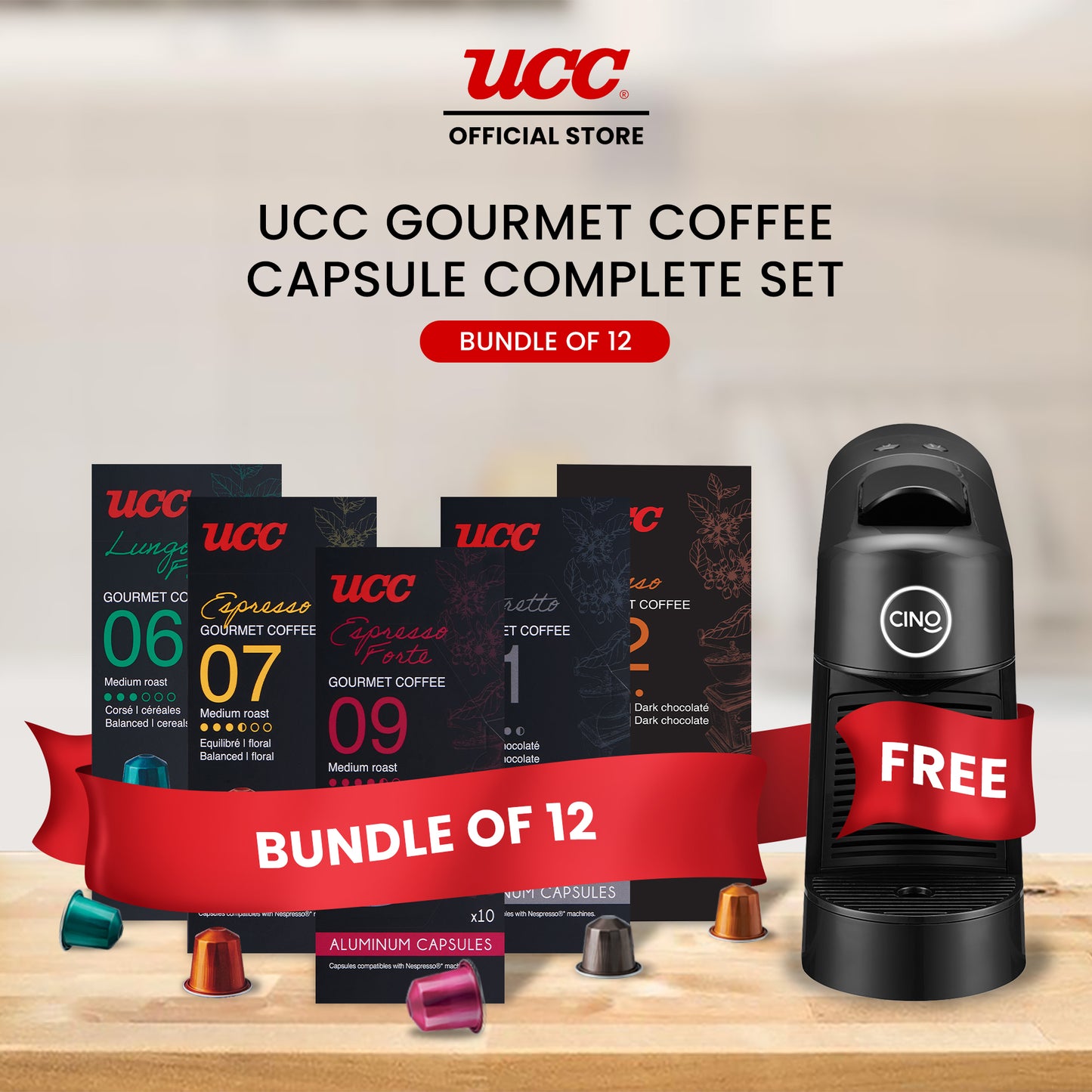 UCC Gourmet Coffee Capsule Complete Set (Bundle of 12) with Free Cino Machine