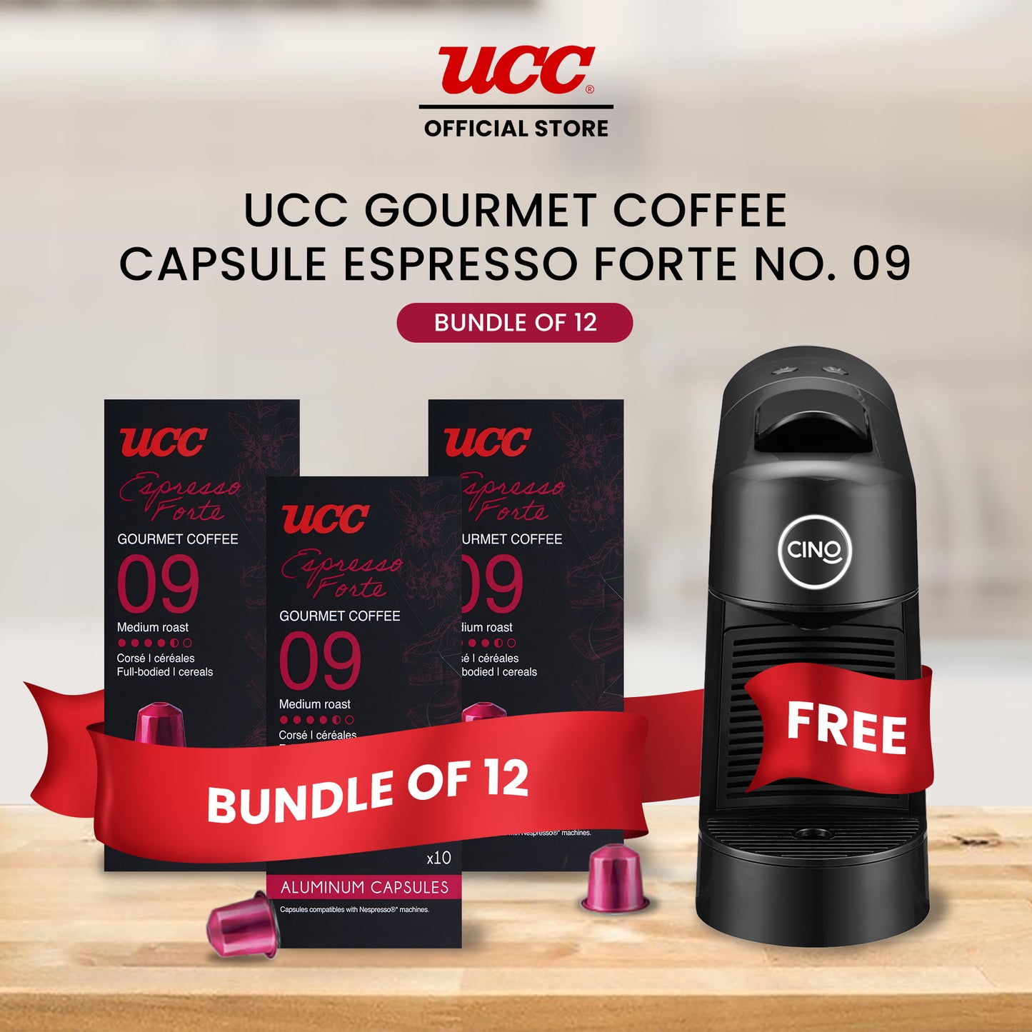 UCC Gourmet Coffee Capsule Espresso No. 09 (Bundle of 12) with Free Cino Machine