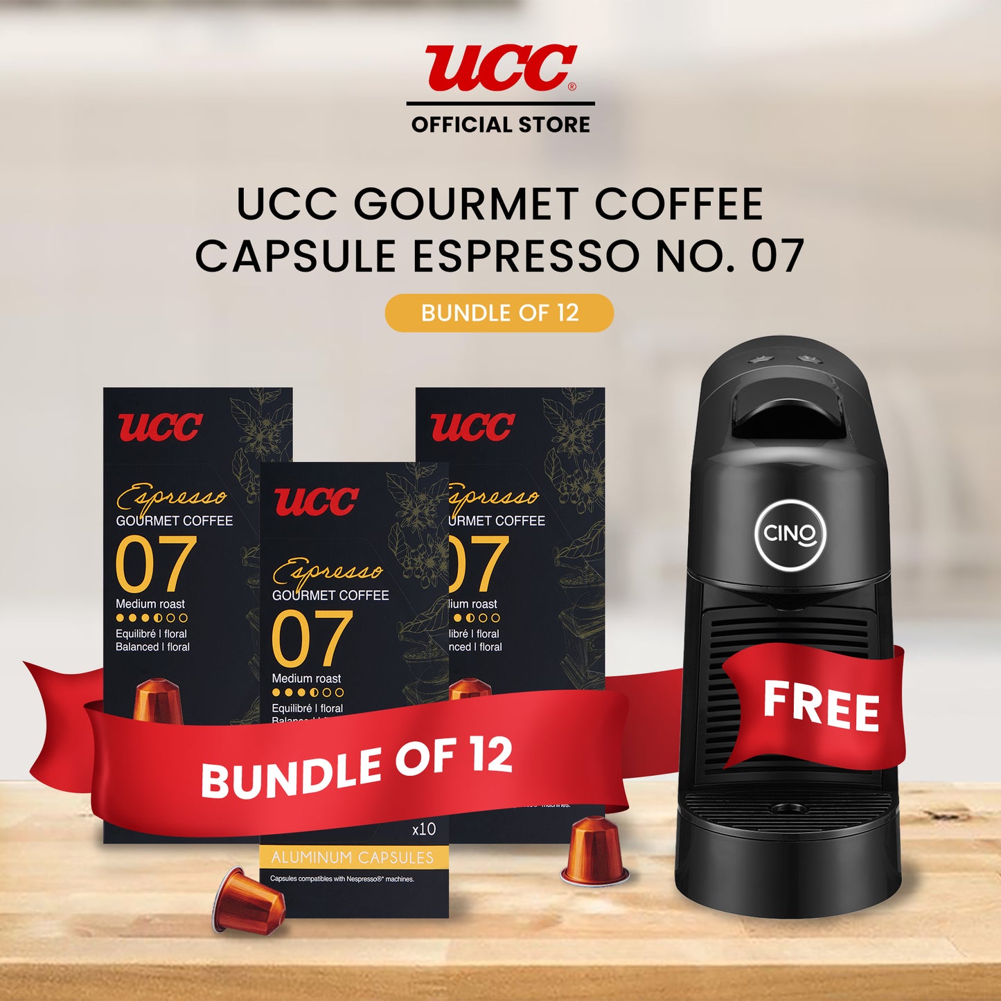 UCC Gourmet Coffee Capsule Espresso No. 07 (Bundle of 12) with Free Cino Machine