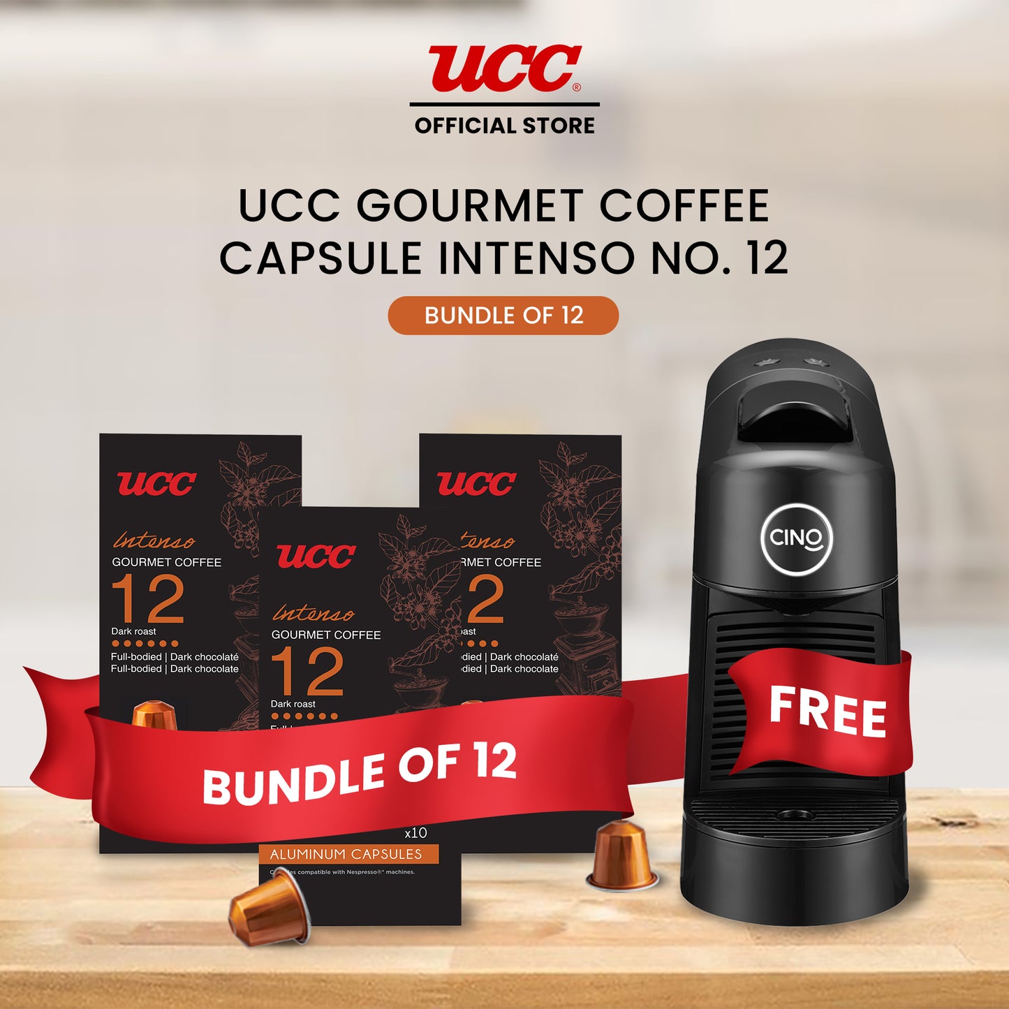 UCC Gourmet Coffee Capsule Intenso No. 12 (Bundle of 12) with Free Cino Machine