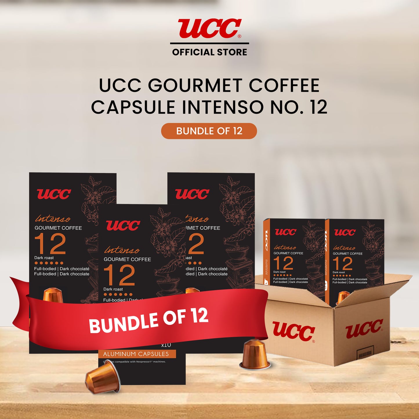 UCC Gourmet Coffee Capsule Intenso No. 12 (Bundle of 12) with Free Cino Machine