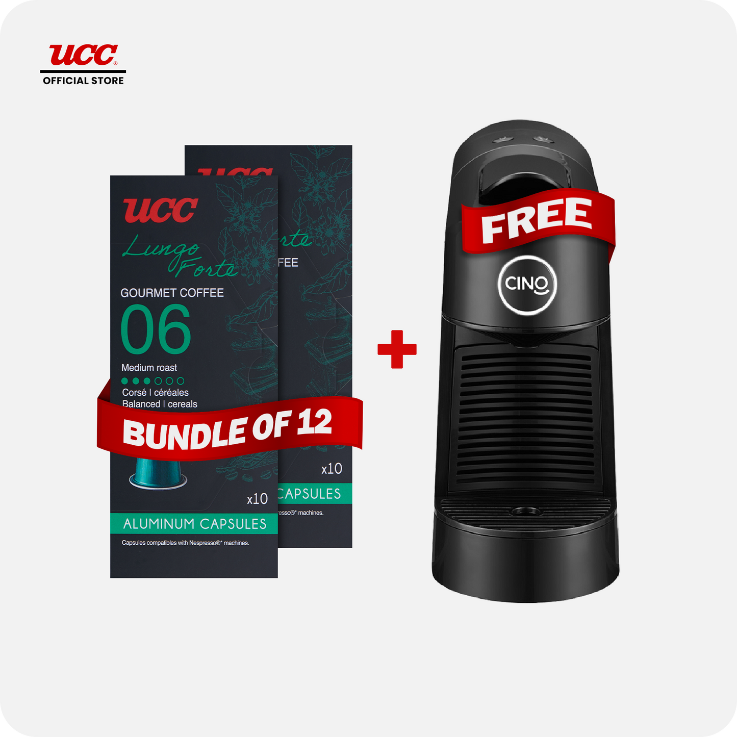 UCC Gourmet Coffee Capsule Lungo Forte No. 06 (Bundle of 12) with Free Cino Machine