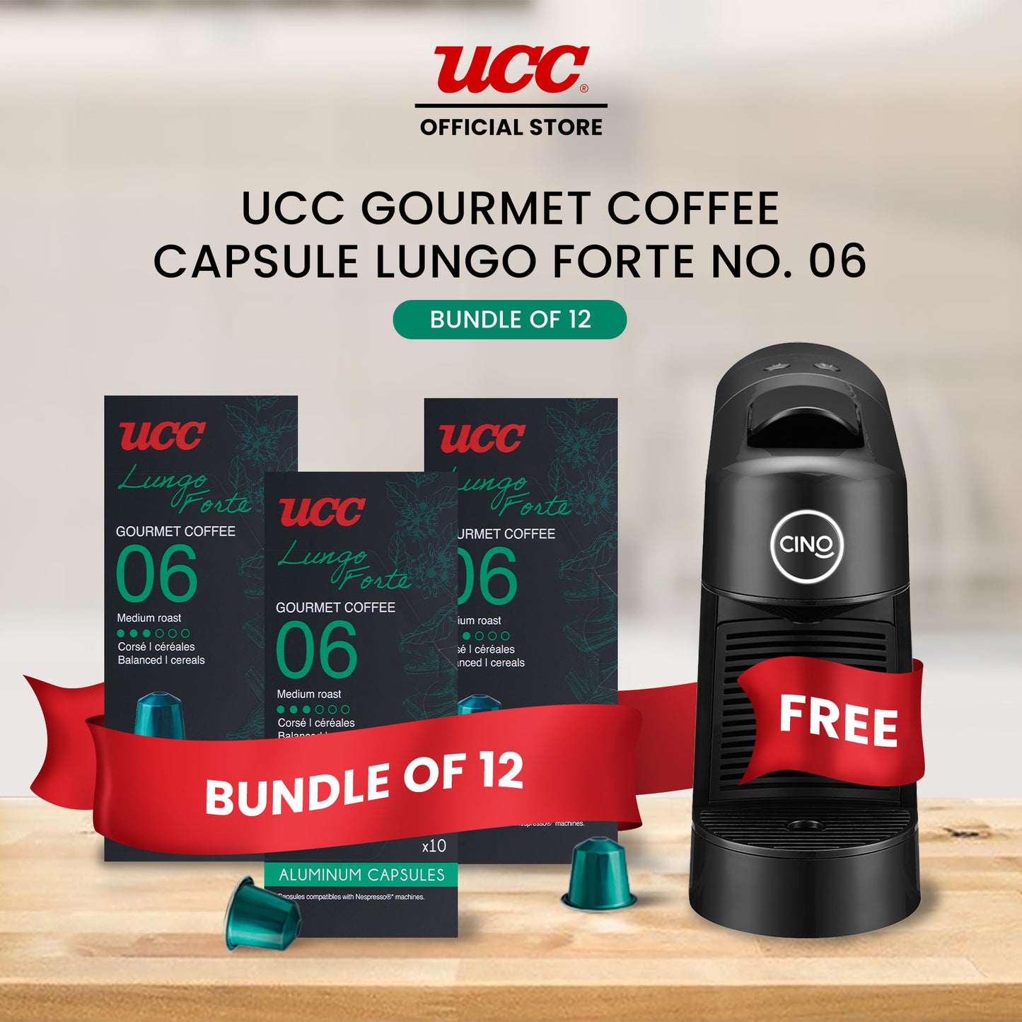 UCC Gourmet Coffee Capsule Lungo Forte No. 06 (Bundle of 12) with Free Cino Machine