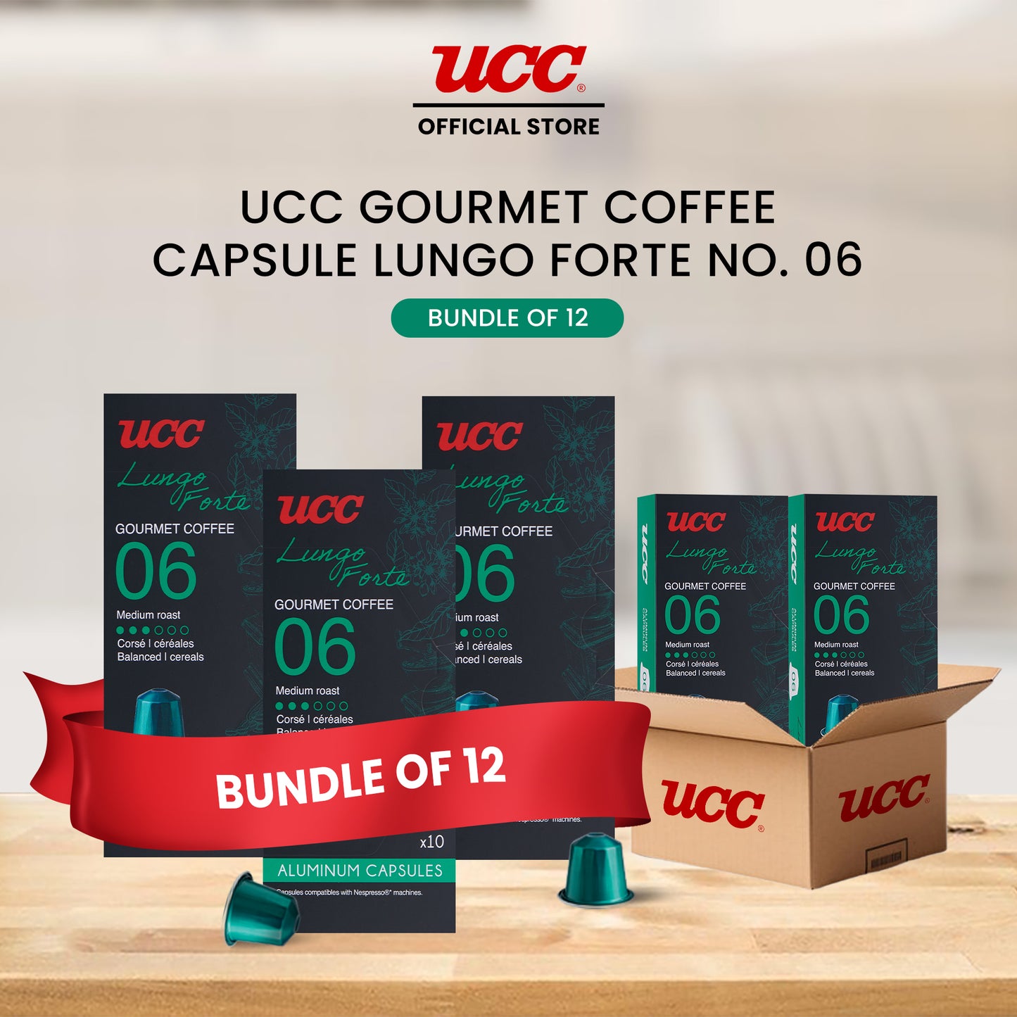 UCC Gourmet Coffee Capsule Lungo Forte No. 06 (Bundle of 12) with Free Cino Machine