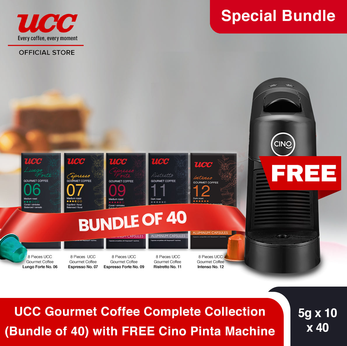 UCC Gourmet Coffee Capsule Complete Collection (Bundle of 40) with Free Cino Machine