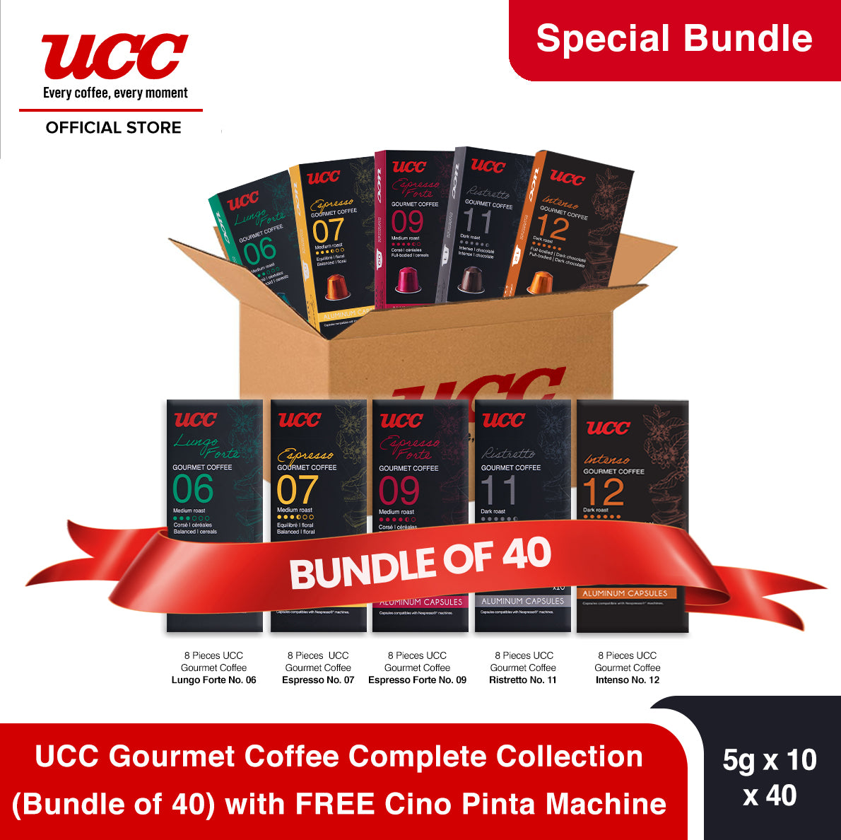 UCC Gourmet Coffee Capsule Complete Collection (Bundle of 40) with Free Cino Machine