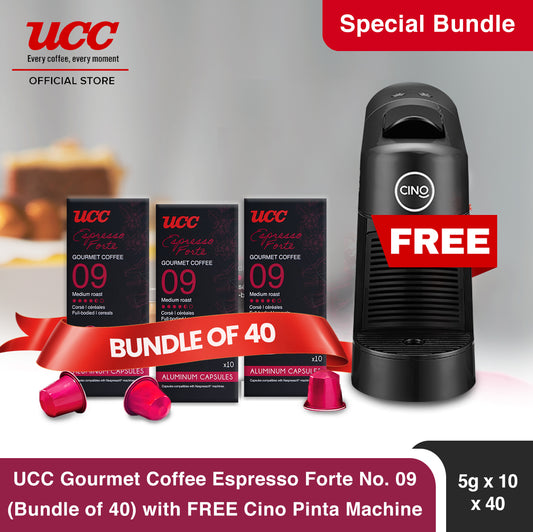 UCC Gourmet Coffee Capsule Espresso Forte No. 09 (Bundle of 40) with Free Cino Machine