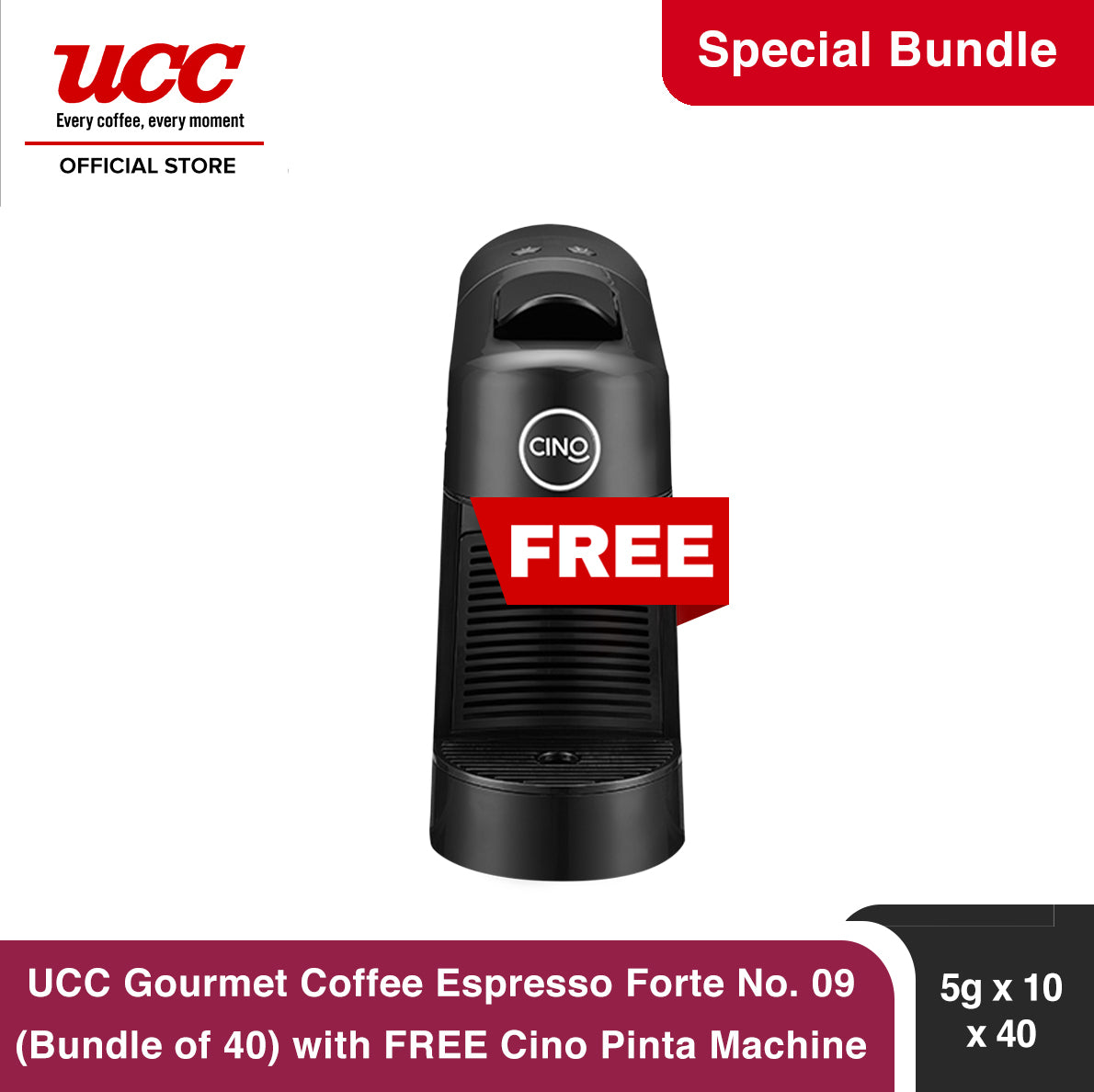 UCC Gourmet Coffee Capsule Espresso Forte No. 09 (Bundle of 40) with Free Cino Machine