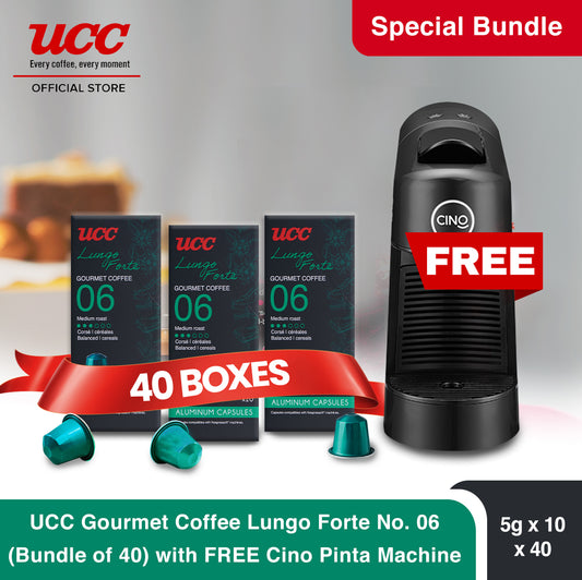 UCC Gourmet Coffee Capsule Lungo Forte No. 06 (Bundle of 40) with Free Cino Machine