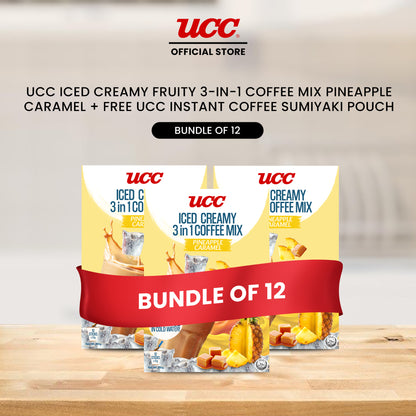 UCC Iced Creamy Fruity Pineapple Caramel 3-in-1 Coffee Mix (Bundle of 12) with Free UCC Instant Coffee Sumiyaki Pouch