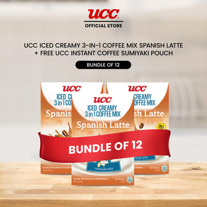 UCC Iced Creamy 3-in-1 Coffee Mix Spanish Latte (Bundle of 12) with Free UCC Instant Coffee Sumiyaki Pouch