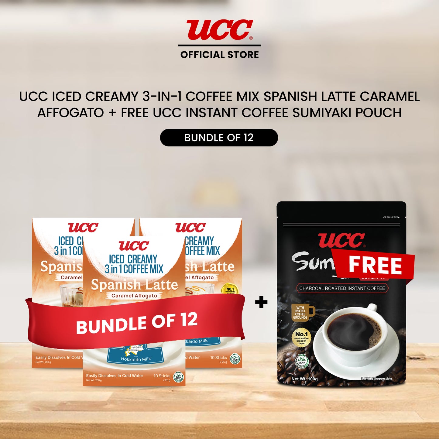 UCC Iced Creamy 3-in-1 Coffee Mix Spanish Latte Caramel Affogato (Bundle of 12) with Free UCC Instant Coffee Sumiyaki Pouch