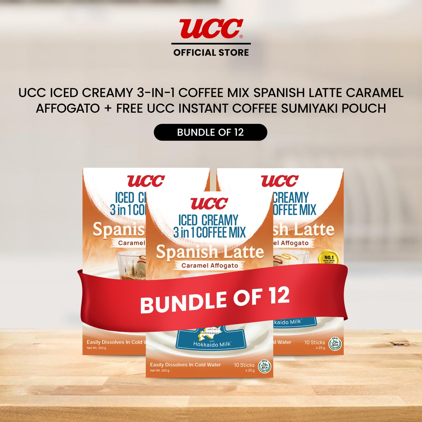 UCC Iced Creamy 3-in-1 Coffee Mix Spanish Latte Caramel Affogato (Bundle of 12) with Free UCC Instant Coffee Sumiyaki Pouch