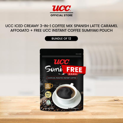 UCC Iced Creamy 3-in-1 Coffee Mix Spanish Latte Caramel Affogato (Bundle of 12) with Free UCC Instant Coffee Sumiyaki Pouch
