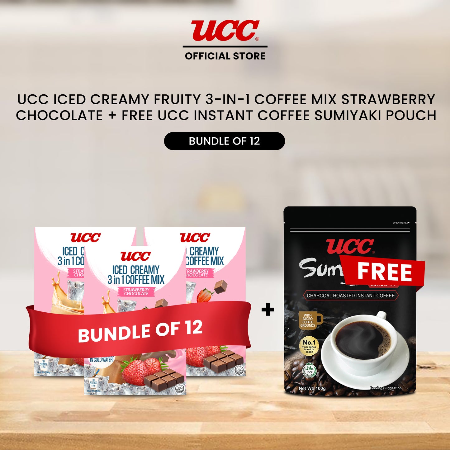 UCC Iced Creamy Fruity Strawberry Chocolate 3-in-1 Coffee Mix (Bundle of 12) with Free UCC Instant Coffee Sumiyaki Pouch