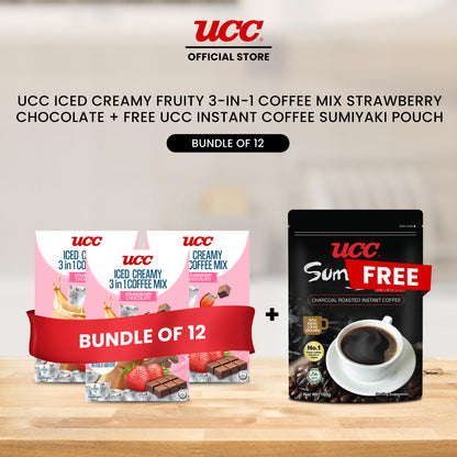 UCC Iced Creamy Fruity Strawberry Chocolate 3-in-1 Coffee Mix (Bundle of 12) with Free UCC Instant Coffee Sumiyaki Pouch