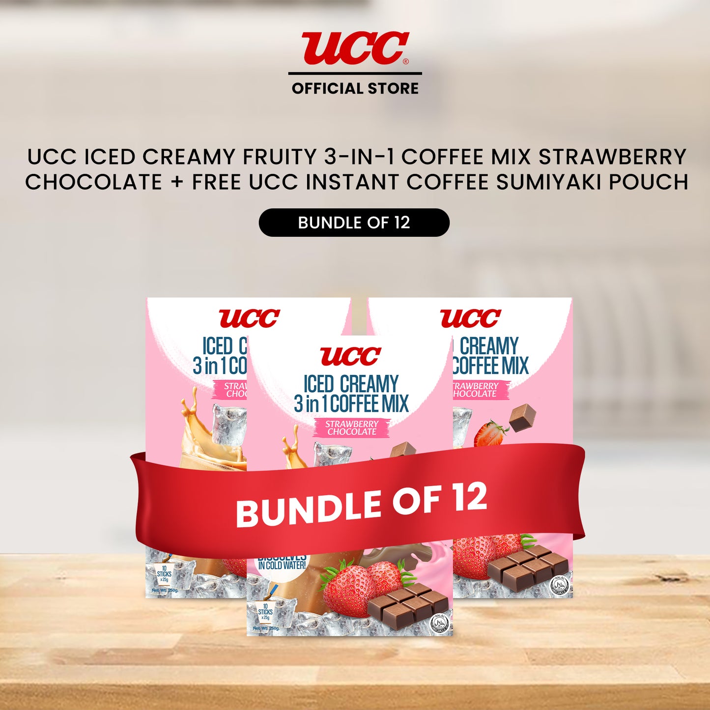 UCC Iced Creamy Fruity Strawberry Chocolate 3-in-1 Coffee Mix (Bundle of 12) with Free UCC Instant Coffee Sumiyaki Pouch
