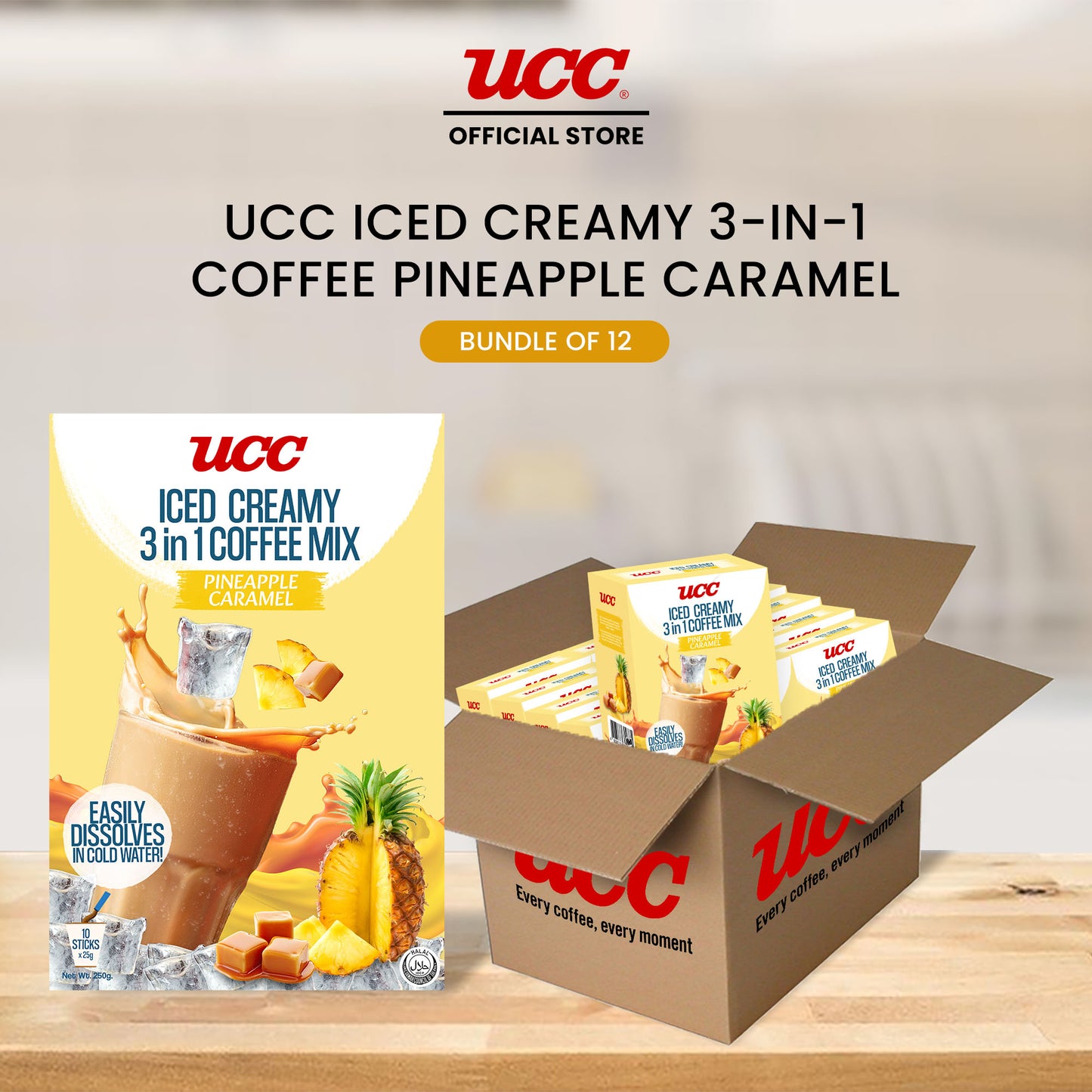 UCC Iced Creamy Fruity Pineapple Caramel 3-in-1 Coffee Mix (Bundle of 12)