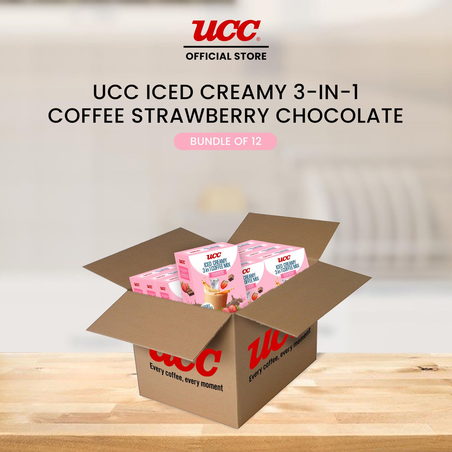 UCC Iced Creamy Fruity Strawberry Chocolate 3-in-1 Coffee Mix (Bundle of 12)