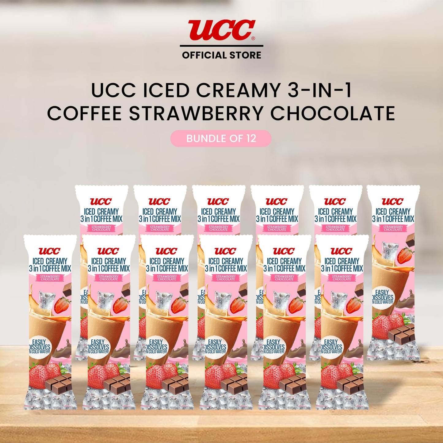 UCC Iced Creamy Fruity Strawberry Chocolate 3-in-1 Coffee Mix (Bundle of 12)