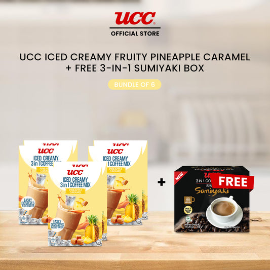UCC Iced Creamy Fruity Pineapple Caramel 3-in-1 Coffee Mix (Bundle of 6) with Free UCC 3-in-1 Sumiyaki Box