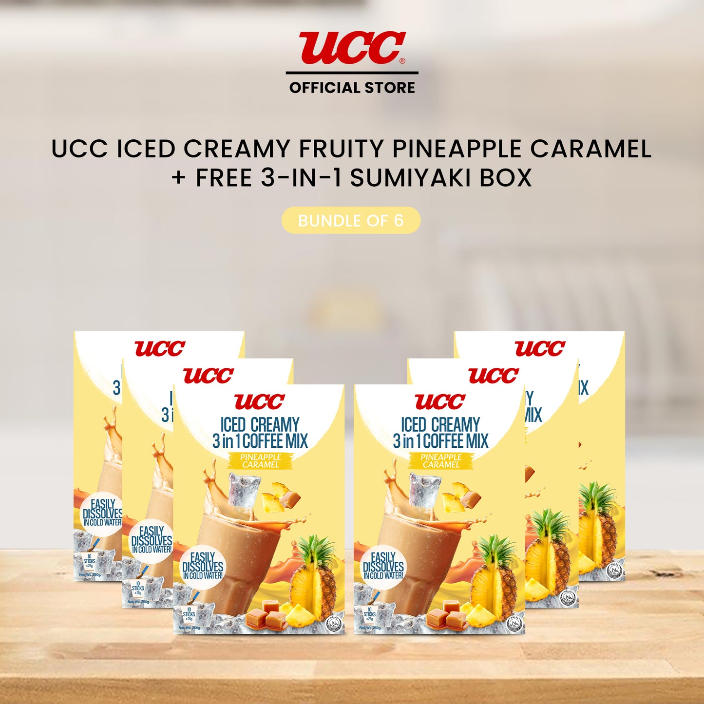 UCC Iced Creamy Fruity Pineapple Caramel 3-in-1 Coffee Mix (Bundle of 6) with Free UCC 3-in-1 Sumiyaki Box