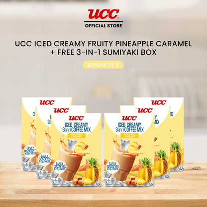 UCC Iced Creamy Fruity Pineapple Caramel 3-in-1 Coffee Mix (Bundle of 6) with Free UCC 3-in-1 Sumiyaki Box