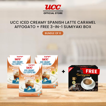 UCC Iced Creamy 3-in-1 Coffee Mix Spanish Latte Caramel Affogato (Bundle of 6) with Free UCC 3-in-1 Sumiyaki Box