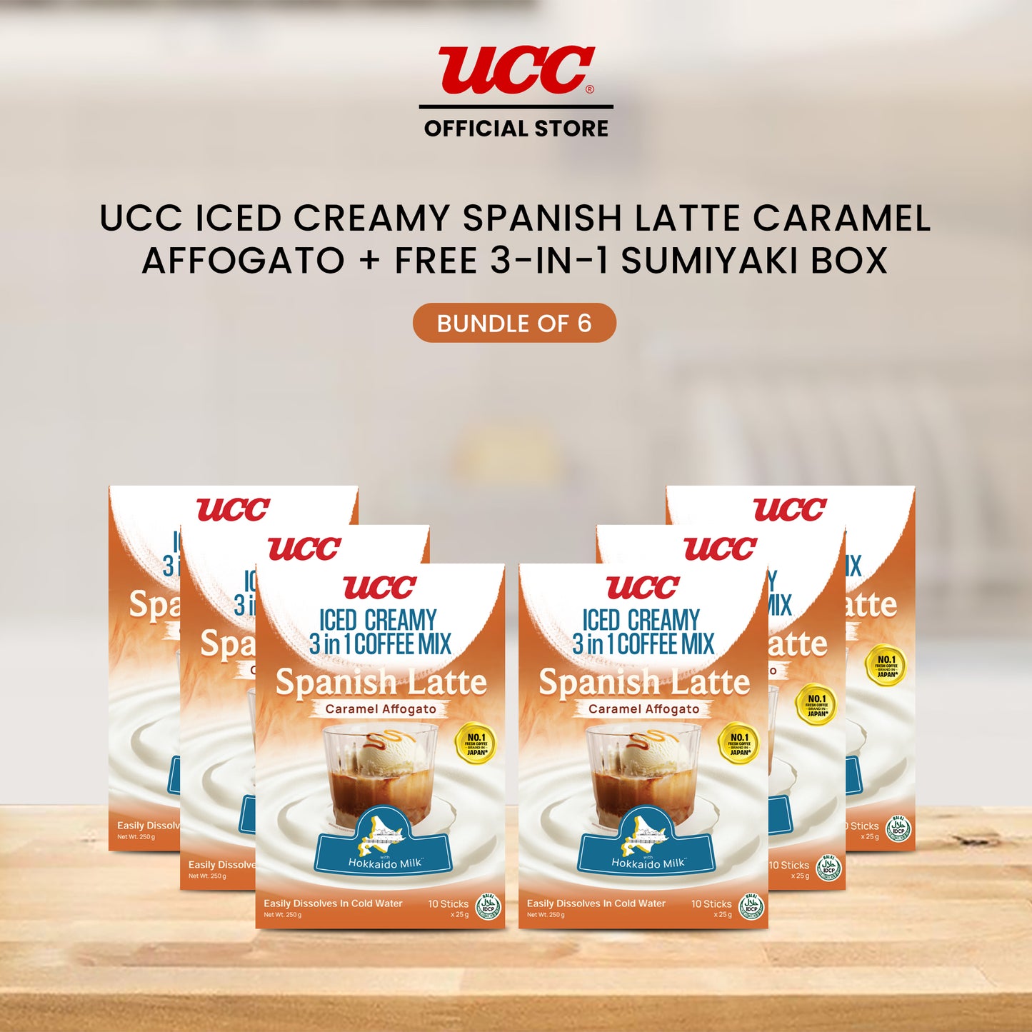 UCC Iced Creamy 3-in-1 Coffee Mix Spanish Latte Caramel Affogato (Bundle of 6) with Free UCC 3-in-1 Sumiyaki Box