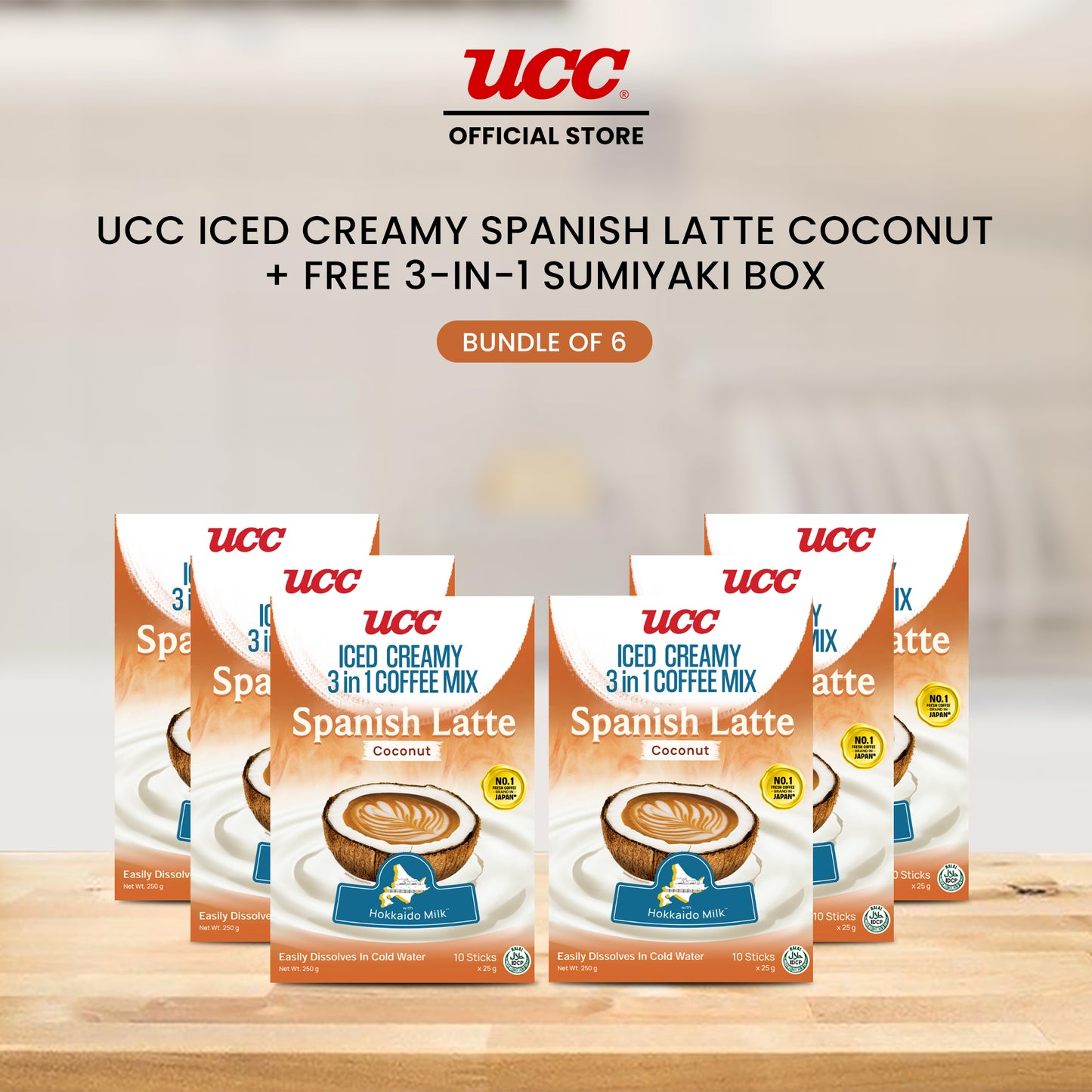 UCC Iced Creamy 3-in-1 Coffee Mix Spanish Latte Coconut (Bundle of 6) with Free UCC 3-in-1 Sumiyaki Box