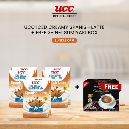 UCC Iced Creamy 3-in-1 Coffee Mix Spanish Latte (Bundle of 6) with Free UCC 3-in-1 Sumiyaki Box