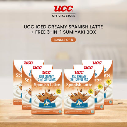 UCC Iced Creamy 3-in-1 Coffee Mix Spanish Latte (Bundle of 6) with Free UCC 3-in-1 Sumiyaki Box
