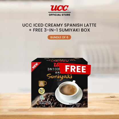 UCC Iced Creamy 3-in-1 Coffee Mix Spanish Latte (Bundle of 6) with Free UCC 3-in-1 Sumiyaki Box